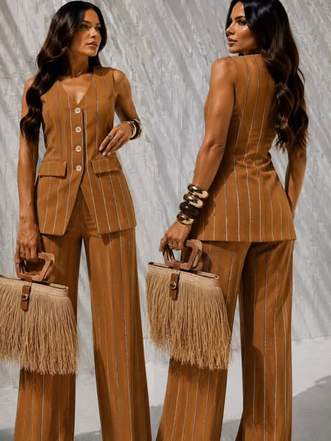 Conjunto de colete e calça caramelo da Glamorosa Boutique